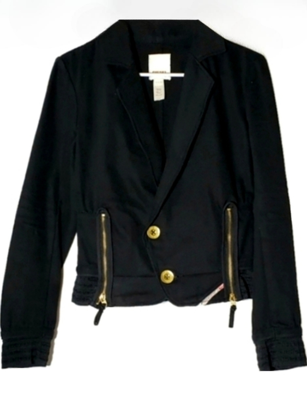 Diesel Y2K Black Denim Asymmetrical Jacket Gold Zippers Cotton Twill Cinch Waist